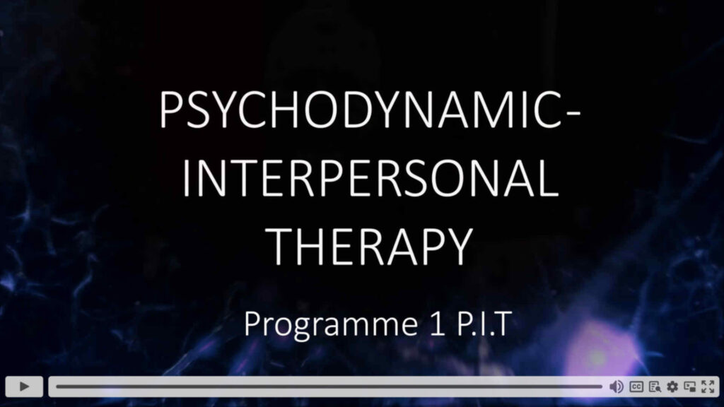 Psychodynamic-Interpersonal Therapy, Programme 1 P.I.T - white writing on blue-patterned background, click-to-play