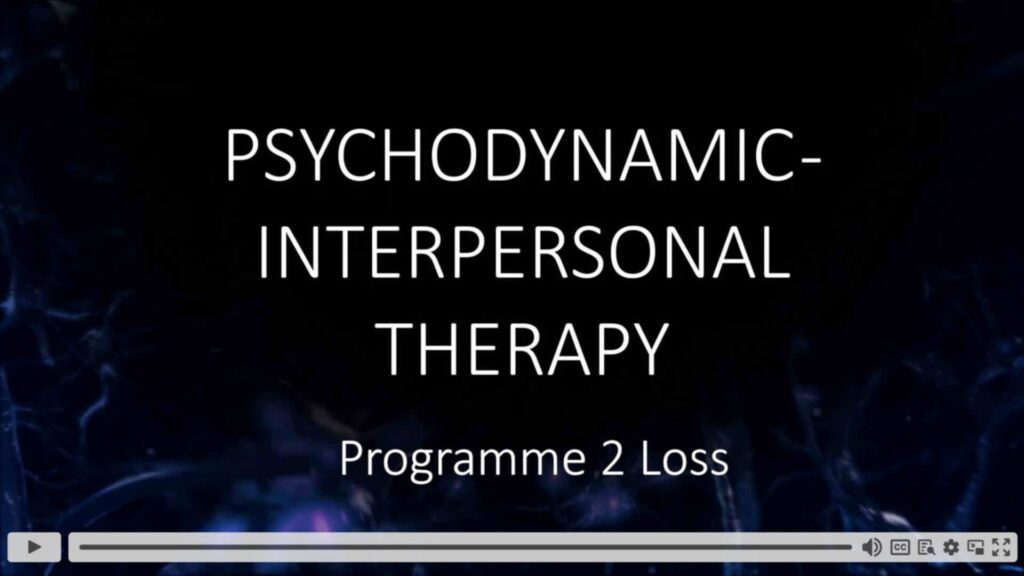 Psychodynamic-Interpersonal Therapy, Programme 2 Loss - white writing on blue-patterned background, click-to-play