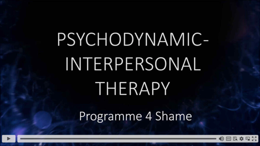 Psychodynamic-Interpersonal Therapy, Programme 4 Shame - white writing on blue-patterned background, click-to-play