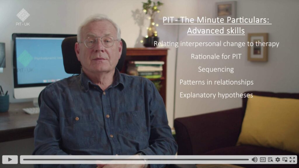 Psychodynamic-Interpersonal Therapy, Programme The Minute Particulars: Advanced skills, white writing on background image of Frank at desk in therapy room, click-to-play